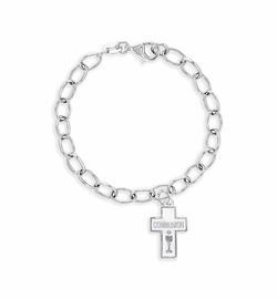 7 Inch Silver Plated Round Cross with Communion Chalice Charm Bracelet