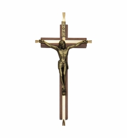7 Inch Walnut and Brass Wall Crucifix with Antiqued Gold Pewter Corpus
