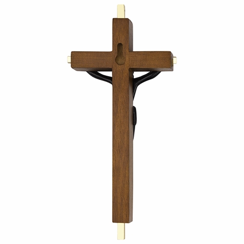 7 Inch Walnut and Brass Wall Crucifix with Antiqued Gold Pewter Corpus
