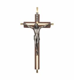 7 Inch Walnut and Brass Wall Crucifix with Antiqued Pewter Corpus