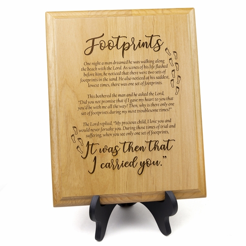 7 x 9 Inch Engraved "Footprints" Genuine Alder Wood Wall or Table Decor Art