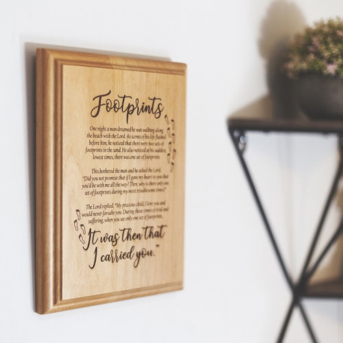 7 x 9 Inch Engraved "Footprints" Genuine Alder Wood Wall or Table Decor Art