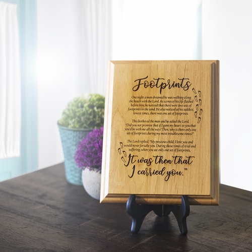 7 x 9 Inch Engraved "Footprints" Genuine Alder Wood Wall or Table Decor Art