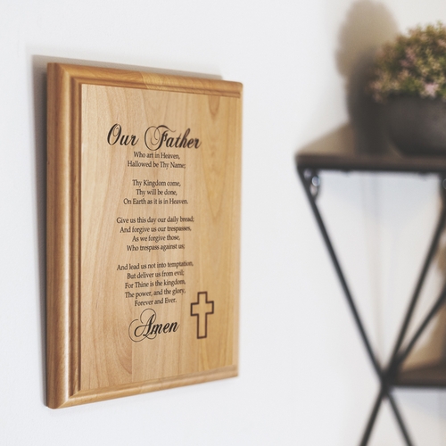 7 x 9 Inch Engraved "Protestant Lord's Prayer" Genuine Alder Wood Wall or Table Decor Art