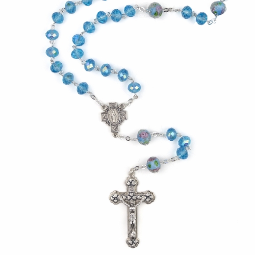 7mm Aqua Glass Cut Crystal Flower Beads Rosary with Crucifix and Miraculous Center