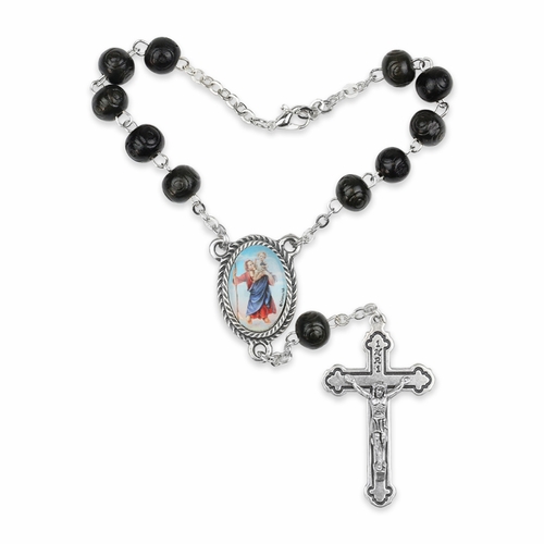 7mm Black Wood Beads Auto Rosary with Crucifix and St. Christopher Center