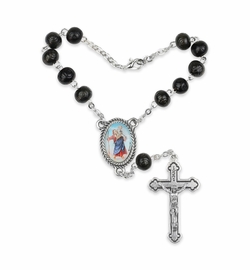 7mm Black Wood Beads Auto Rosary with Crucifix and St. Christopher Center