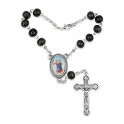 7mm Black Wood Beads Auto Rosary with Crucifix and St. Christopher Center