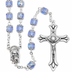 7mm Capped Light Blue Sapphire Bead Rosary with Crucifix and Madonna with Baby Center