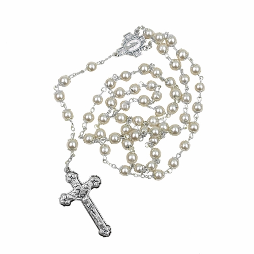 7mm Capped Pearl Bead Rosary with Crucifix and Miraculous Center