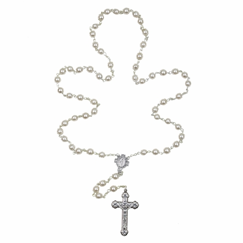 7mm Capped Pearl Bead Rosary with Crucifix and Miraculous Center