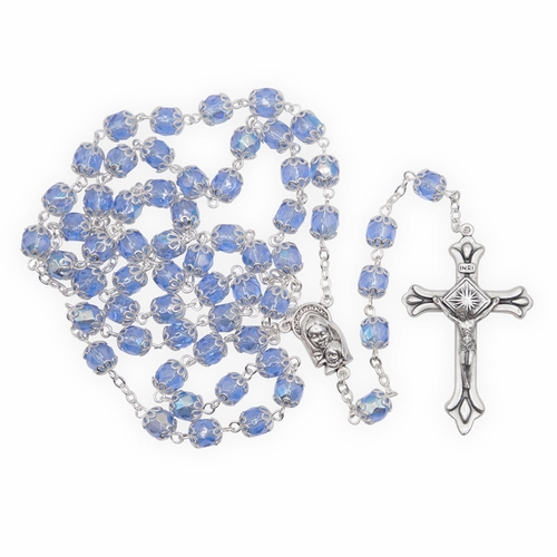 7mm Capped Sapphire Bead Rosary with Crucifix and Madonna with Baby Center