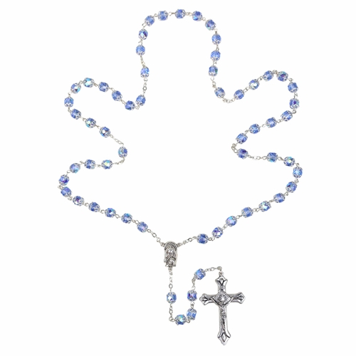 7mm Capped Sapphire Bead Rosary with Crucifix and Madonna with Baby Center