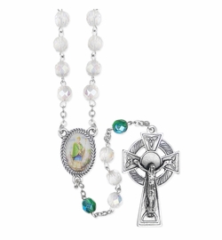 7mm Crystal and Green Glass Capped Beads Rosary with Crucifix and St. Patrick, Patron Saint of Ireland, Center