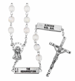 7mm Crystal Fire Bead Rosary with Crucifix, Six Tablets and Madonna Center