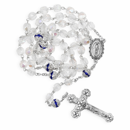 7mm Crystal Glass Bead Blue Decade Bead Rosary with Crucifix and Miraculous Center
