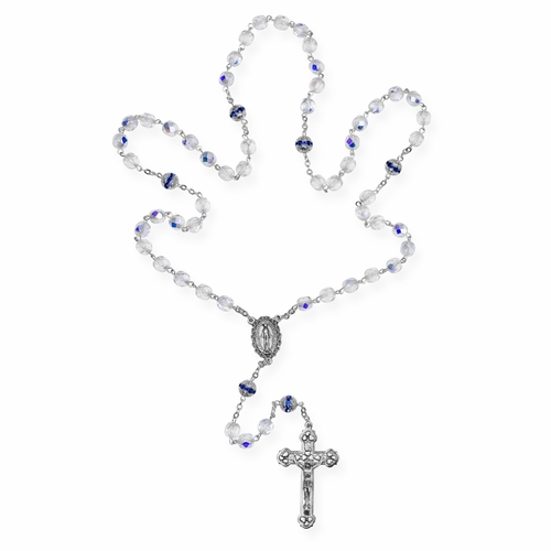 7mm Crystal Glass Bead Blue Decade Bead Rosary with Crucifix and Miraculous Center