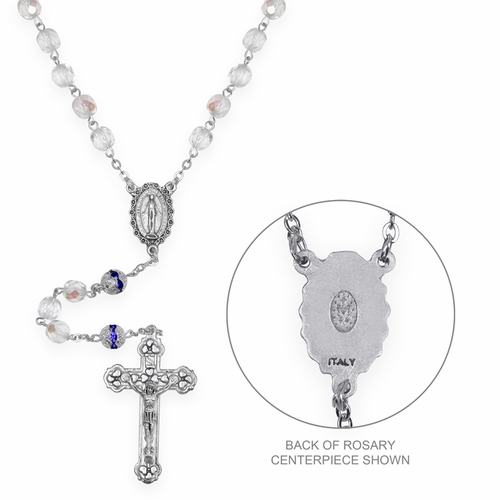 7mm Crystal Glass Bead Blue Decade Bead Rosary with Crucifix and Miraculous Center