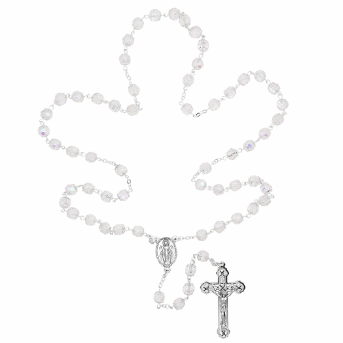 7mm Crystal Glass Capped Beads Rosary with Crucifix and Miraculous Center