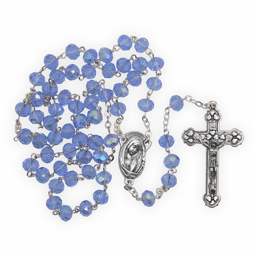 7mm Cut Sapphire Glass Bead Rosary with Crucifix and Madonna Center