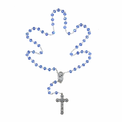 7mm Cut Sapphire Glass Bead Rosary with Crucifix and Madonna Center
