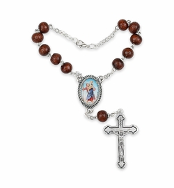 7mm Dark Wood Beads Auto Rosary with Crucifix and St. Christopher Center