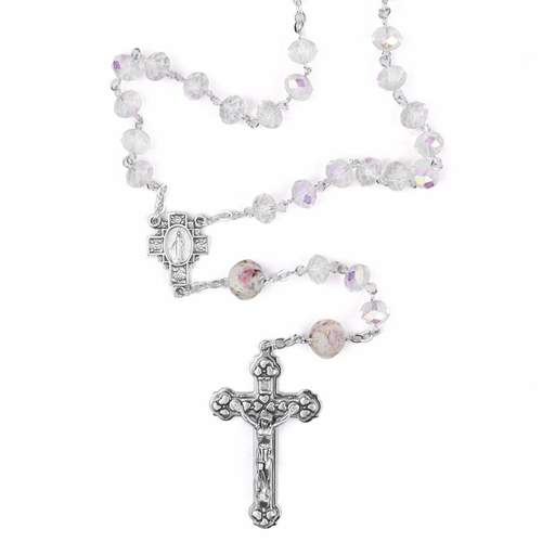 7mm Glass Cut Crystal Flower Beads Rosary with Crucifix and Miraculous Center