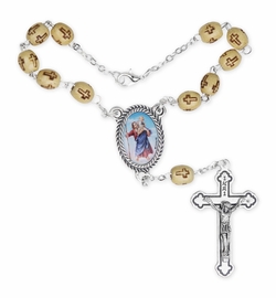 7mm Light Wood Cross Beads Auto Rosary with Crucifix and St. Christopher Center