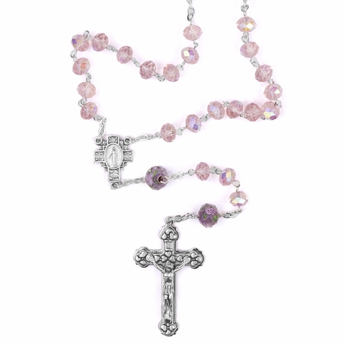 7mm Pink Glass Cut Crystal Flower Beads Rosary with Crucifix and Miraculous Center