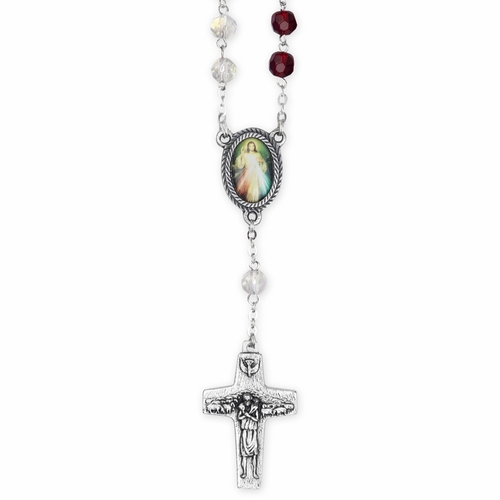 7mm Red/White Crystal Glass Beads Auto Rosary with Divine Mercy Crucifix and Center