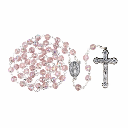7mm Rose Crystal Pink Glass Capped Beads Rosary with Crucifix and Miraculous Center