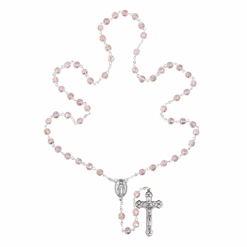 7mm Rose Crystal Pink Glass Capped Beads Rosary with Crucifix and Miraculous Center