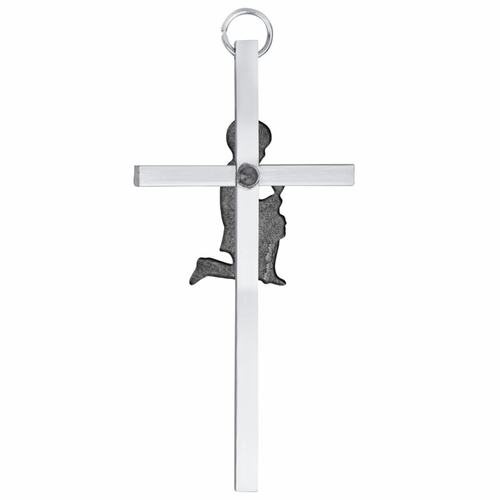 8-1/4 Inch Silver Plated Metal Wall Cross with Centered Kneeling First Communion Boy