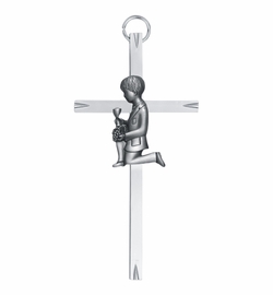 8-1/4 Inch Silver Plated Metal Wall Cross with Centered Kneeling First Communion Boy
