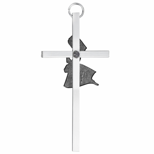 8-1/4 Inch Silver Plated Metal Wall Cross with Centered Kneeling First Communion Girl