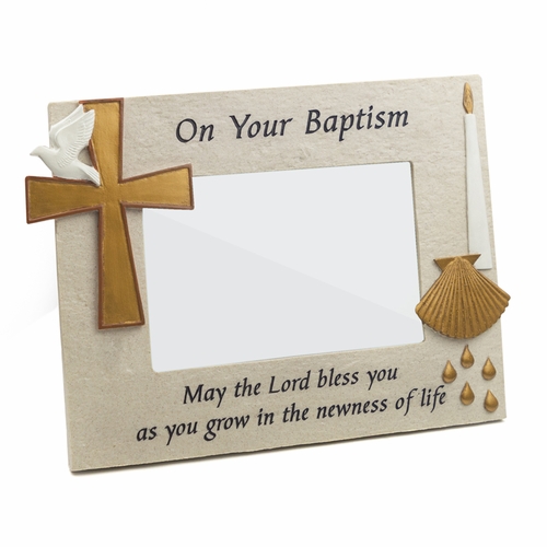 8-3/4 x 6-3/4 Inch Stone Resin Baptism Photo Frame-Holds 4 x 6 Inch Photo