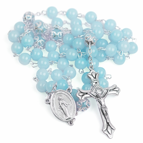 8.5mm Aqua Glass Bead Rosary with Crucifix and Miraculous Center