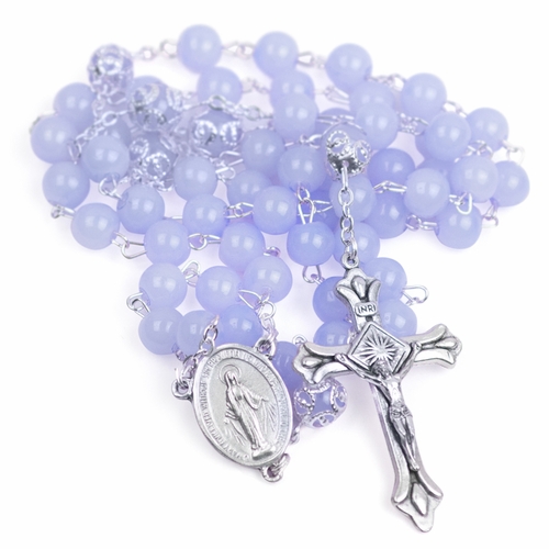 8.5mm Blue Glass Bead Rosary with Crucifix and Miraculous Center