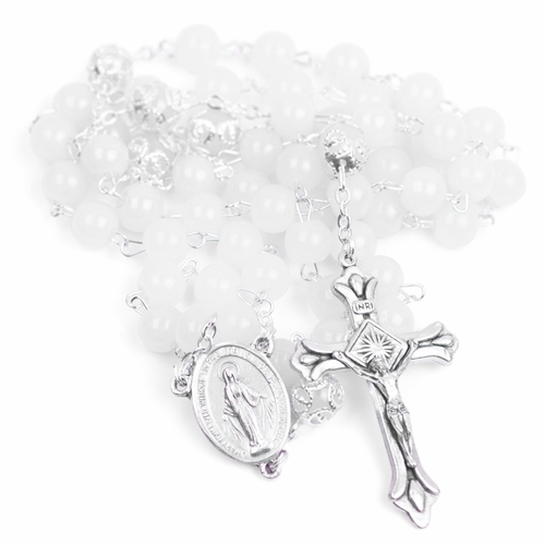 8.5mm White Glass Bead Rosary with Crucifix and Miraculous Center