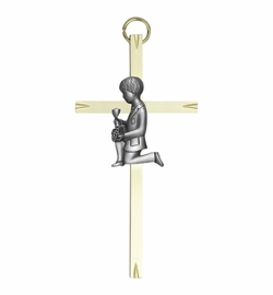 8 Inch Brass Wall Cross with Centered Pewter First Communion Boy