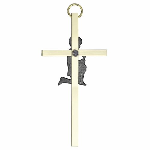 8 Inch Brass Wall Cross with Centered Pewter First Communion Boy