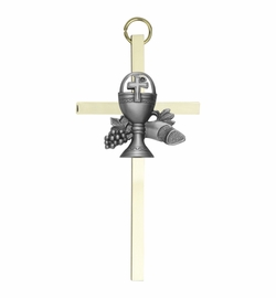 8 Inch Brass Wall Cross with Centered Pewter First Communion Chalice