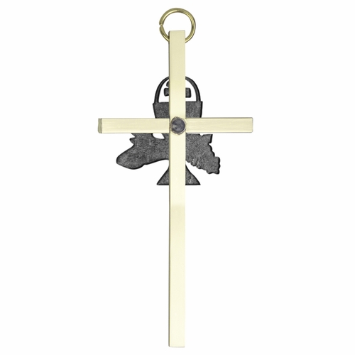 8 Inch Brass Wall Cross with Centered Pewter First Communion Chalice