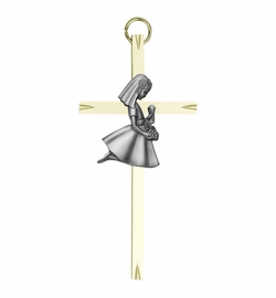 8 Inch Brass Wall Cross with Centered Pewter First Communion Girl