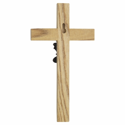 8 Inch Enameled Brass and Oak Wood Baby Boy Wall Cross
