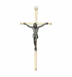 8 Inch Engraved Brass and Pewter Wall Crucifix