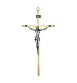 8 Inch Engraved Brass and Pewter Wall Crucifix