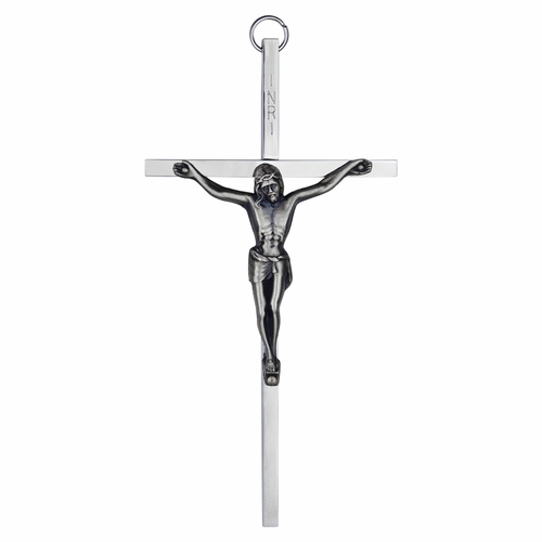 8 Inch Silver Plated Metal with Pewter Corpus Wall Crucifix