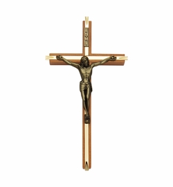 8 Inch Walnut and Brass Wall Crucifix with Antiqued Gold Pewter Corpus