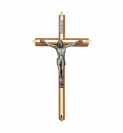 8 Inch Walnut and Brass Wall Crucifix with Antiqued Pewter Corpus